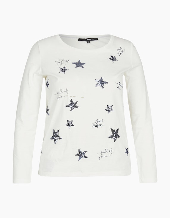 MY OWN Basic-Shirt mit Pailletten-Sternen und Letterprint in Offwhite/Blau | ADLER Mode Onlineshop