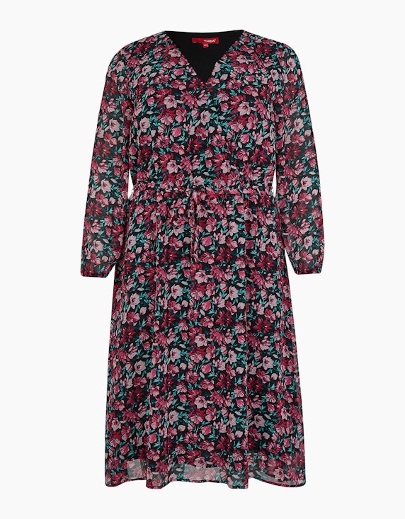 Thea Kleid mit floralem Muster, Midi-Länge in Schwarz/Pink/Grün | ADLER Mode Onlineshop