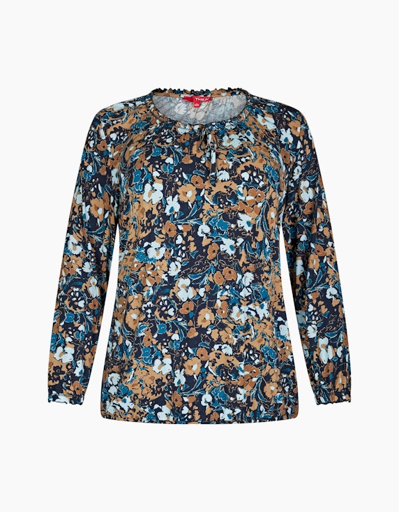 Thea Langarmshirt mit Blumendruck in Blau/Braun | ADLER Mode Onlineshop