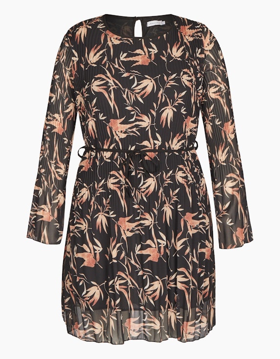 Made in Italy Plissee-Kleid mit Blätter-Druck in Schwarz/Camel/Beige | ADLER Mode Onlineshop
